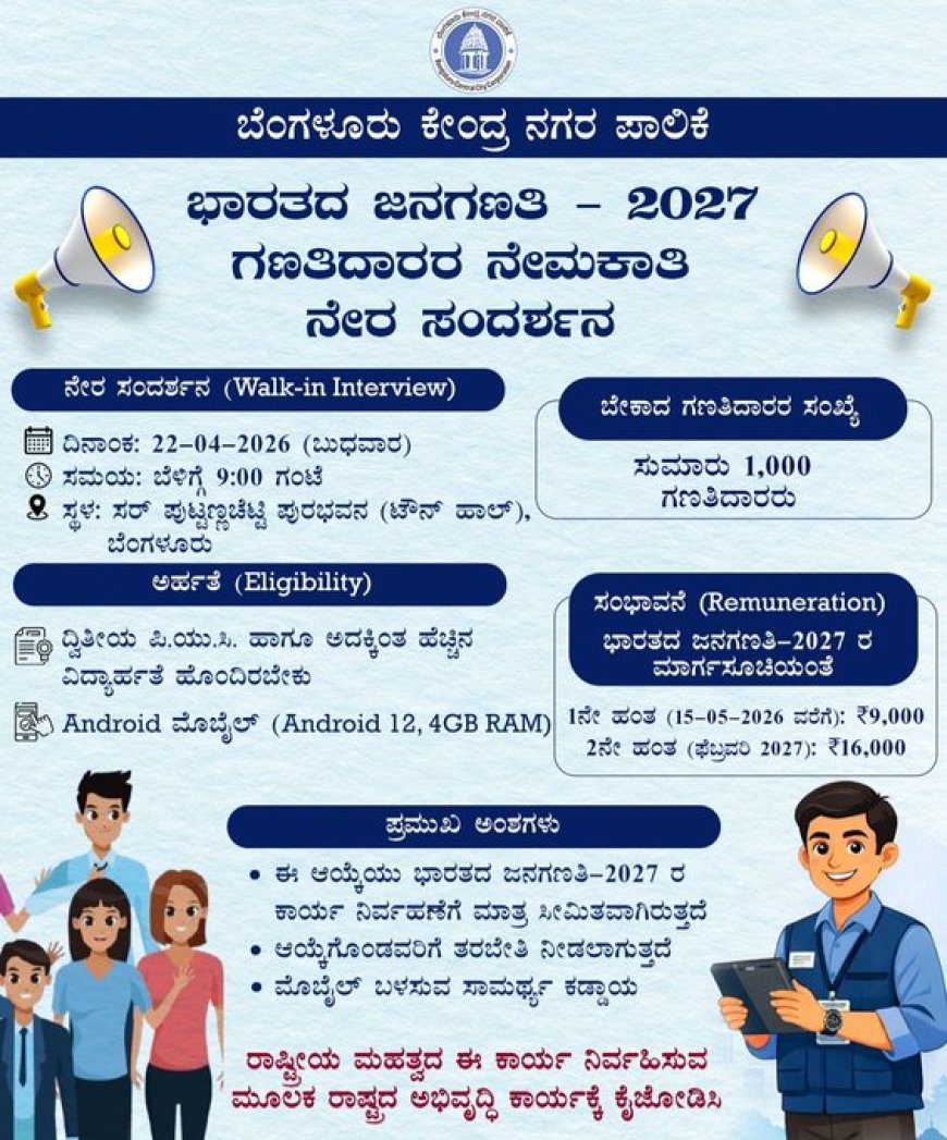ಜನಗಣತಿ ಕಾರ್ಯದಲ್ಲಿ ವಿದ್ಯಾವಂತ ಯುವಕರನ್ನು ಬಳಕೆ ಅಭ್ಯರ್ಥಿಗಳಿಗೆ ವಾಕ್‌-ಇನ್‌ ಸಂದರ್ಶನದ ಮೂಲಕ ಆಯ್ಕೆ